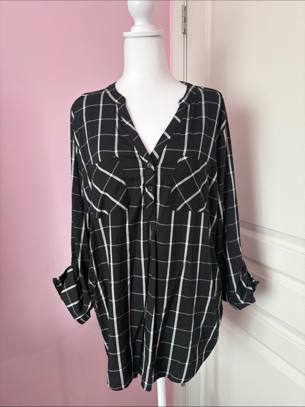 Windowpane Black & White Button-Front Blouse